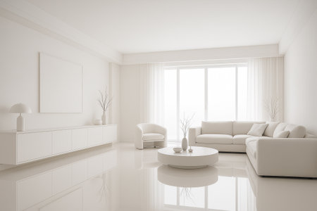 Minimalist white living room interior design with modern furniture and natural light for elegant home decor inspiration.の写真素材