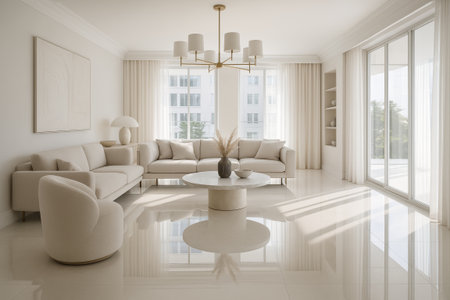 Spacious bright living room with modern neutral decor and large windows for elegant home interiors concept of minimalism, stylish design, comfortable living spaces.の写真素材
