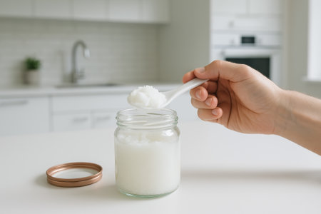 Scooping coconut oil in a modern kitchen scene for health and beauty concepts of natural skincare, cooking ingredient, organic home essentials.の写真素材