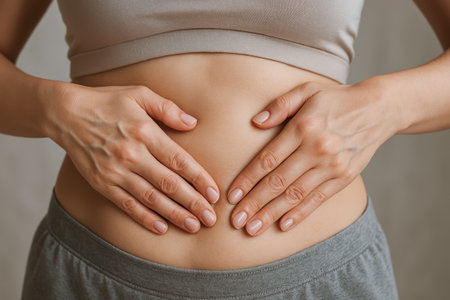Woman performing abdominal massage with hands in relaxing setting for health and wellness concept of self-care, stomach massage, stress relief.の写真素材