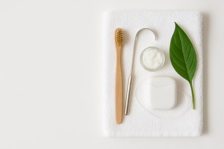 Dental care flat lay with bamboo toothbrush and floss on white towel for minimalist oral hygiene routine. concept of eco-friendly products, simple composition, health maintenance, copy space.の写真素材