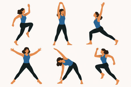 Illustration of women performing morning energy poses in various yoga positions for a simple and energizing fitness routine to enhance well-being.の写真素材