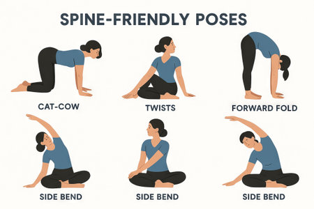 Illustrative guide to spine-friendly yoga poses including cat-cow, twists, forward fold, and side bend for relaxation and flexibility. concept of healthy exercise, wellness.の写真素材