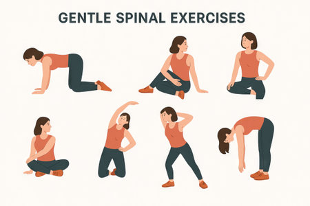 Gentle spinal exercises yoga poses for relaxation and flexibility illustrated for health and fitness enthusiasts.の写真素材