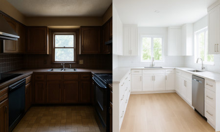 Modern kitchen transformation from dark wood to bright white design with enhanced lighting and open space concept of renovation, home improvement, interior design.の写真素材
