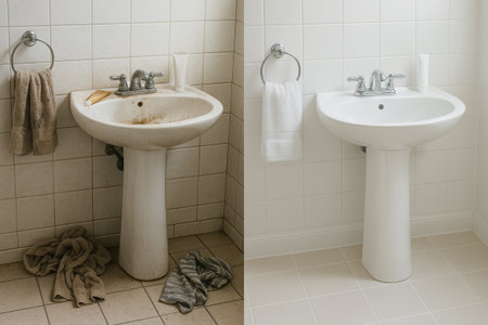 Contrasting cleanliness and messy bathroom sinks in stark comparison showing order versus chaos concept of cleanliness, hygiene, house cleaning, neatness idea.の写真素材