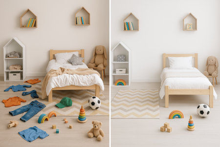 Side by side view of messy and clean children s bedroom with toys, clothes and decor in modern neutral style. Concept of before and after cleaning, home organization, tidy kids room, minimalist interior.の写真素材