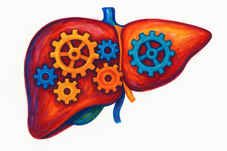 Colorful illustration of human liver with gears symbolizing art concept of mechanical function and human anatomy, creativity in science, organ illustration, white background.の写真素材
