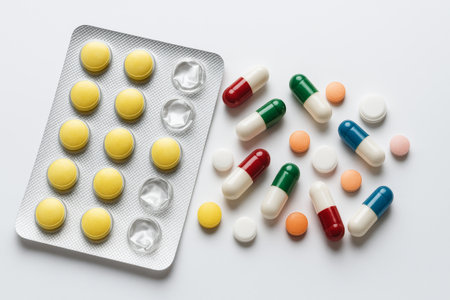 Blister pack of yellow tablets with multicolored capsules and pills on white background. concept of pharmaceutical medicine, healthcare treatment, drug therapy.の写真素材