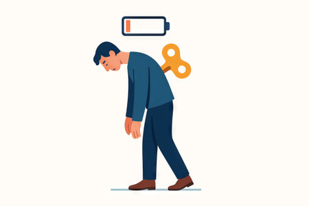 Illustration of emotional burnout with exhausted person and low battery symbol representing stress and fatigue concept of mental health, work-life balance, recovery.の写真素材