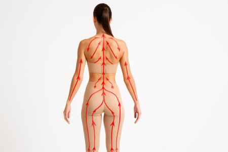 Diagram of lymphatic drainage massage technique with red arrows on woman's back and legs. concept of health, wellness, massage therapy, holistic healing.の写真素材