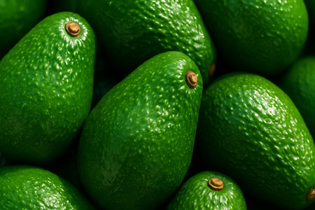 Fresh green avocados in simple composition with enhanced detail and vibrant color for natural produce highlight.の写真素材