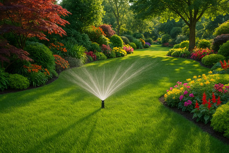 Serene garden oasis with lush greenery and vibrant flowers surrounding a central water sprinkler for tranquil atmosphere.の写真素材