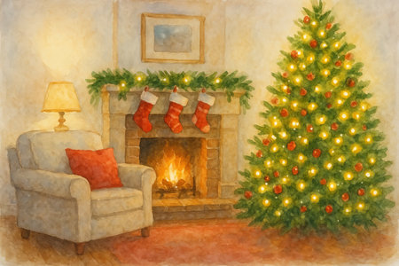 Cozy christmas living room with fireplace, armchair, and decorated tree, watercolor art. concept of holiday warmth, festive decor, relaxation by the fire.の写真素材