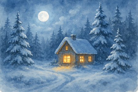 Winter landscape with cozy cottage under moonlit night in snowy forest illustration. concept of peaceful winter serenity, cozy retreat, tranquil nighttime scenery.の写真素材