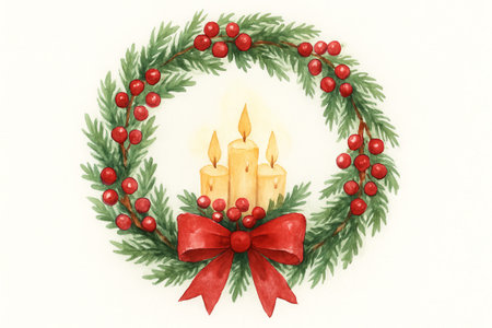 Watercolor christmas wreath with red berries, candles, and bow for holiday decor. concept of festive decoration, christmas celebration, winter seasonal ornament.の写真素材
