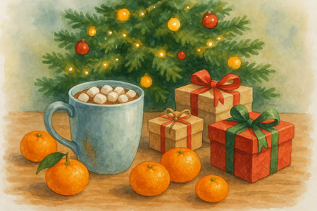 Cozy christmas scene with hot cocoa, gift boxes, and oranges in front of decorated tree. concept of holiday festivity, warmth, celebratory spirit.の写真素材