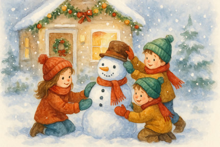 Children building a snowman in front of a decorated cabin during winter with falling snow. concept of holiday celebration, winter fun, festive atmosphere.の写真素材