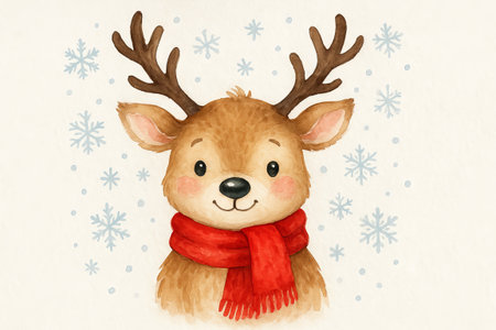 Watercolor christmas reindeer wearing red scarf surrounded by snowflakes. concept of festive holiday decor, cute animal illustration, winter celebration art.の写真素材