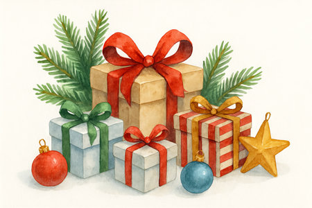 Watercolor christmas gift boxes with colorful bows and festive ornaments. concept of holiday celebration, present exchanging, seasonal decor.の写真素材