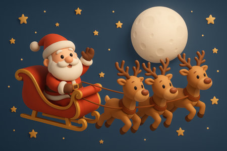 Santa claus flying in the night sky with reindeer near full moon illustration. concept of christmas holiday magic, festive santa sleigh ride, christmas eve adventure.の写真素材