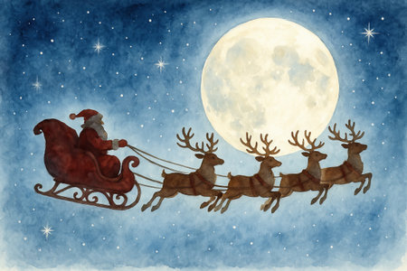Santa claus and reindeer flying in the night sky under a full moon. concept of christmas magic, holiday spirit, festive winter scene, santa illustration, reindeer adventure.の写真素材