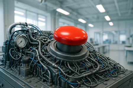 Large red button in laboratory with complex wires and equipment detailing futuristic technology...