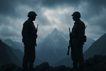 Silhouettes of soldiers standing in majestic mountain landscape with stunning peaks at dusk. concept...