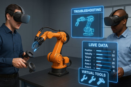 Two engineers using virtual reality and robotics for engineering collaboration and troubleshooting. concept of innovative technology, virtual engineering, automation.の写真素材