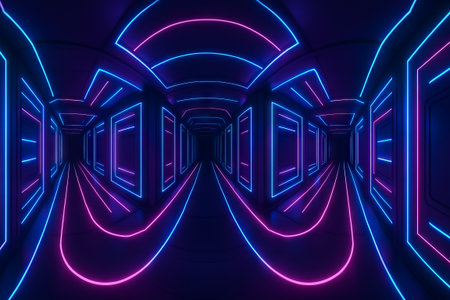 Futuristic neon corridor with vibrant pink and blue lights creating a sci-fi atmosphere in an endless tunnel. concept of modern design, futuristic architecture, neon glow.の写真素材