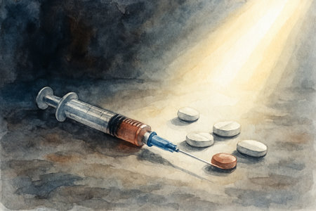 Watercolor syringe and pills on dark background with dramatic lighting. concept of addiction, dependency, health risk.の写真素材