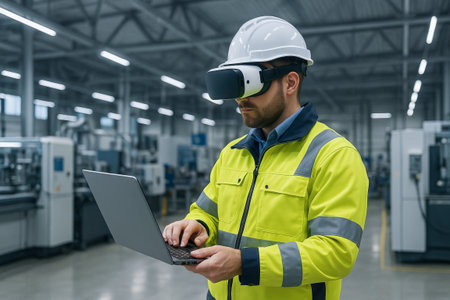 Engineer in virtual reality headset using laptop in industrial factory. concept of technology, virtual innovation, manufacturing process.の写真素材