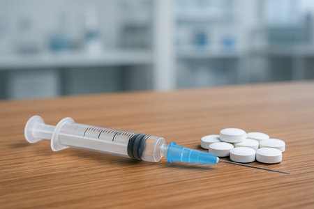 Medical syringe and white tablets on wooden surface in clinical setting. concept of healthcare, pharmaceutical industry, medicine preparation.の写真素材