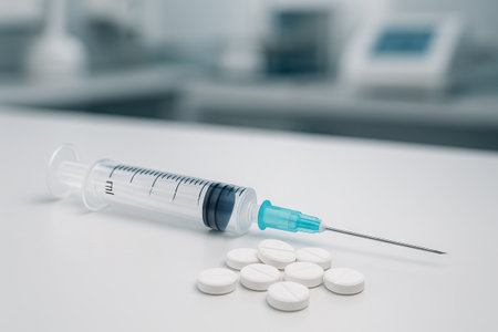 Syringe and tablets on white surface in medical setting. concept of healthcare, medication, medical equipment, pharmaceutical supplies, health risk.の写真素材