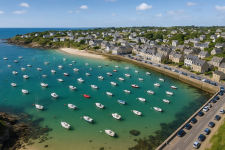 Scenic view of boats moored in tranquil harbor with charming coastal village and clear blue sky on a bright sunny day. concept of nautical lifestyle, coastal living, serene atmosphere.の写真素材