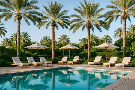 Luxurious poolside oasis with palm trees and lounge chairs on a sunny day in tropical paradise. concept of relaxation, summer vacation retreat, tropical getaway.の写真素材