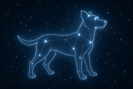 Celestial canine constellation depiction against starry night sky illustrating stellar formation, astronomy concept, cosmic canine figure, nighttime star gazing.の写真素材