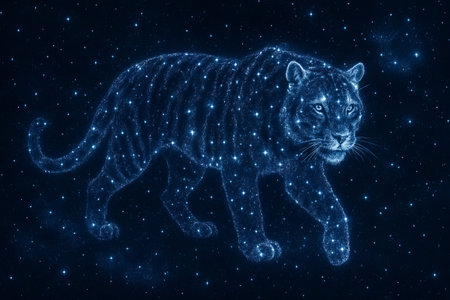 Starry celestial tiger illustration with cosmic night sky theme for mystical animal art enthusiasts. concept of space, astrology, and wild beauty in the universe.の写真素材