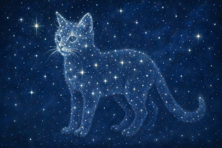 Starry cat in the night sky illustration featuring a celestial feline composed of shimmering stars in a cosmic setting. concept of mythical creatures, nighttime magic, celestial art.の写真素材