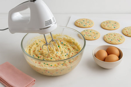 Baking scene with confetti cookies, mixing bowl, ingredients, and electric mixer in a cozy kitchen setting. concept of home baking, sweet treats, cozy kitchen atmosphere.の写真素材