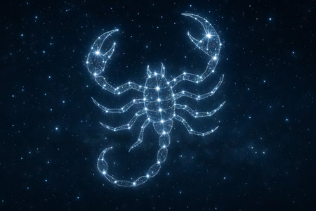 Starry scorpion constellation illuminating the night sky with twinkling stars, ideal for cosmic exploration and astrology enthusiasts, concept of celestial beauty and astronomy.の写真素材