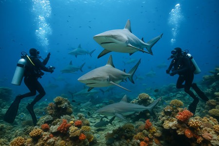 Scuba divers swimming with sharks in vibrant coral reef underwater scene. concept of marine adventure, ocean exploration, underwater wildlife encounter.の写真素材