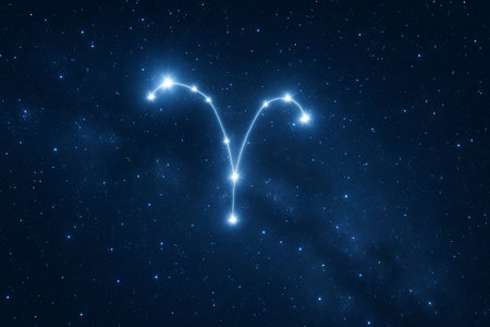 Constellation of aries zodiac sign formed by stars in deep night sky illustration. concept of astrology, celestial design, starry sky exploration.の写真素材