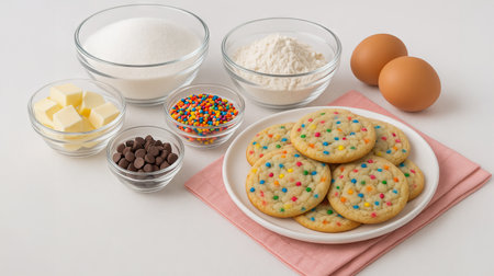 Confetti cookies and baking ingredients on white background. concept of homemade sweets, colorful baking, simple dessert preparation.の写真素材