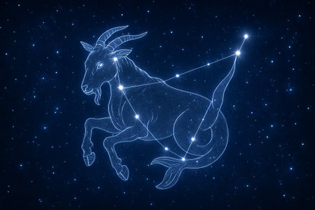 Capricorn constellation on the starry night sky in astronomical zodiac illustration. concept of horoscope, night sky, stargazing, astrology, celestial map.の写真素材