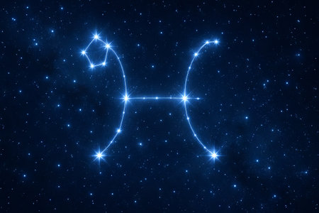 Pisces zodiac constellation illuminated against starry night sky background highlighting celestial astrology concepts and mystical cosmic themes.の写真素材
