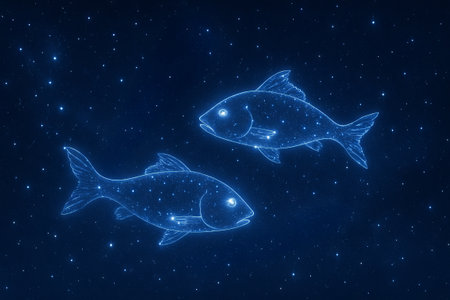 Starry zodiac pisces constellation illustration with celestial fish in night sky. concept of astrology, celestial navigation, zodiac sign.の写真素材