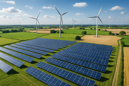 Solar panels and wind turbines in rural field promoting renewable energy concept of sustainable resources eco-friendly power green technology clean environment.の写真素材