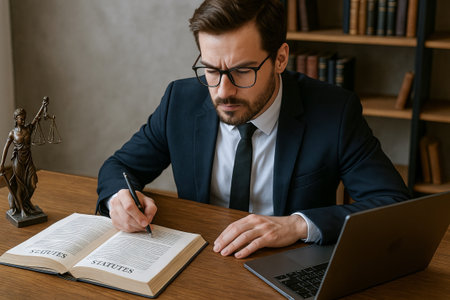 Male lawyer in suit studying legal statutes at desk with scales of justice and laptop in professional office setting. concept of legal work, focused study, law practice.の写真素材