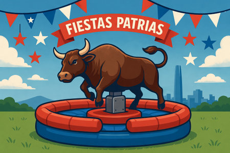 Fiery chilean celebration with a bull in a patriotic setting featuring flags and stars. concept of national festivity, cultural heritage, festive atmosphere.の写真素材